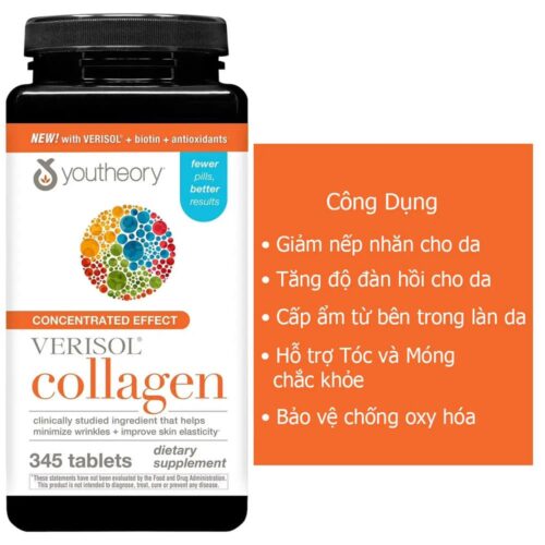 Viên Collagen giúp làn da trắng hồng căng mịn Youtheory Collagen Concentrated Effect Verisol 345 Tablets 7 da trang hong can min youtheory collagen advanced formula type 123 390 vien 010426 kc