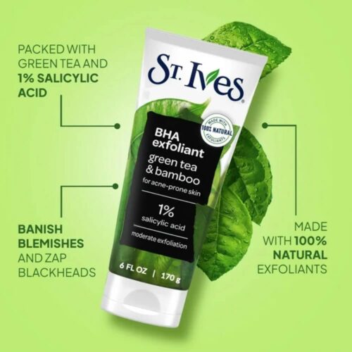 Sữa rửa mặt tẩy tế bào chết St.Ives BHA Exfoliant Green Tea & Bamboo 170g 12 sua rua mat tay da chet st ives blackhead clearing green tea scrub 170g 020525 ke