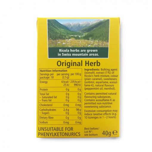 Kẹo ngậm thảo dược thông cổ Ricola không đường Ricola Original Swiss Herb Lozenges Sugar Free 40g