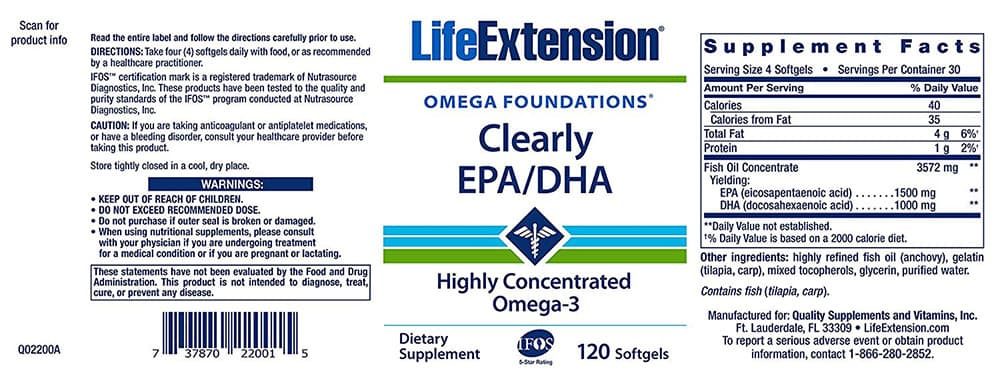Bổ sung EPA/DHA hàm lượng cao Life Extension Clearly EPA/DHA Omega-3 120 Softgels