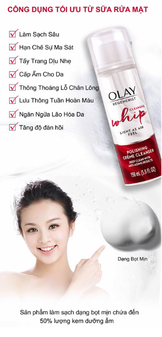 Sữa rửa mắt tạo bọt Olay Regenerist Cleansing Whip Facial Cleanser 150ml