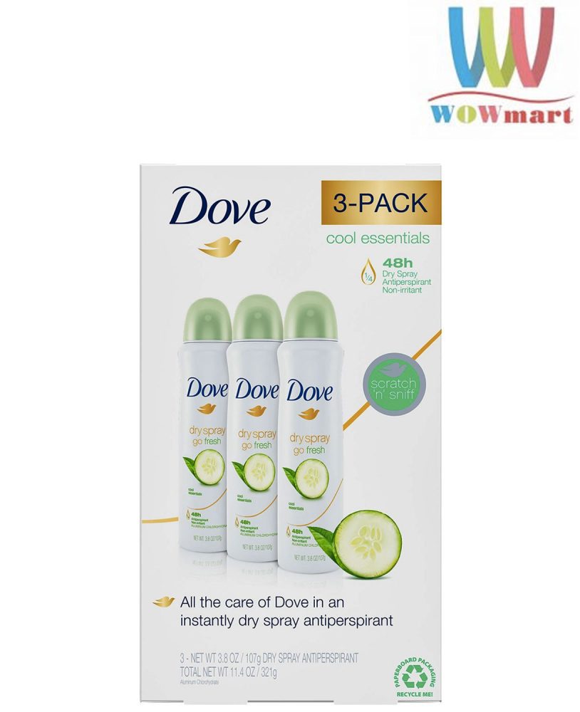 Xịt khử mùi mồ hôi Dove Go Fresh Cool Essentials Dry Spray Set 107g x3