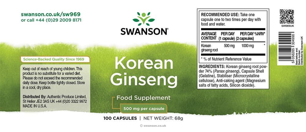 Viên uống nhân sâm Hàn Quốc Swanson Korean Ginseng 500mg 100 viên