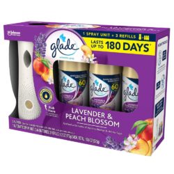 Set máy xịt thơm phòng tự động Glade chạy pin + 3 chai tinh dầu (Lavender & Peach Blossom) 9 set may xit thom phong tu dong glade chay pin 3 chai tinh dau lavender peach blossom kc