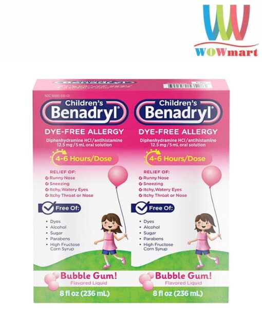 Siro chống dị ứng cho bé Children’s Benadryl Dye-Free Allergy Liquid Bubble Gum 236ml x2