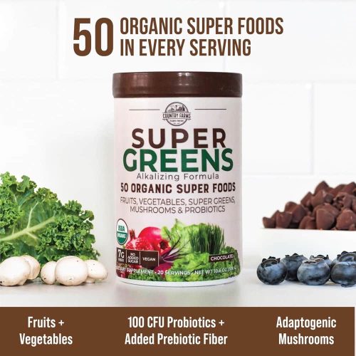 Bột thực phẩm xanh hữu cơ Country Farms Super Greens Powder 300g Chocolate 14 bot thuc pham xanh huu co country farms super greens powder 300g chocolate 010924 kh
