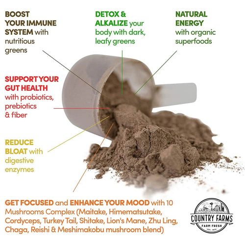 Bột thực phẩm xanh hữu cơ Country Farms Super Greens Powder 300g Chocolate 16 bot thuc pham xanh huu co country farms super greens powder 300g chocolate kc