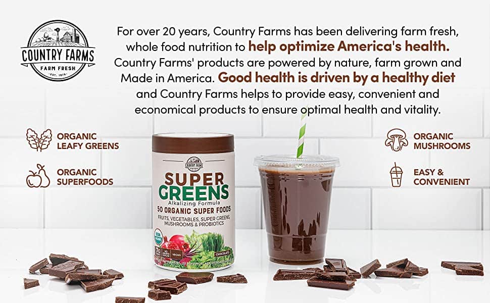 Bột thực phẩm xanh hữu cơ Country Farms Super Greens Powder 300g Chocolate 21 bot thuc pham xanh huu co country farms super greens powder 300g chocolate kd