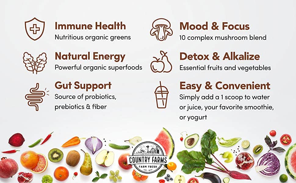 Bột thực phẩm xanh hữu cơ Country Farms Super Greens Powder 300g Chocolate 17 bot thuc pham xanh huu co country farms super greens powder 300g chocolate ke