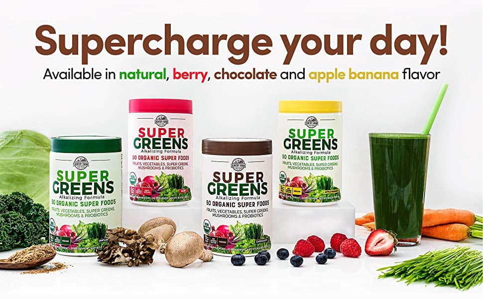 Bột thực phẩm xanh hữu cơ Country Farms Super Greens Powder 300g Chocolate 19 bot thuc pham xanh huu co country farms super greens powder 300g chocolate kf