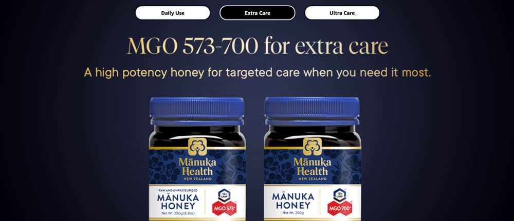 Các sản phẩm Manuka Health Extra Care: MGO573+, MGO700+.