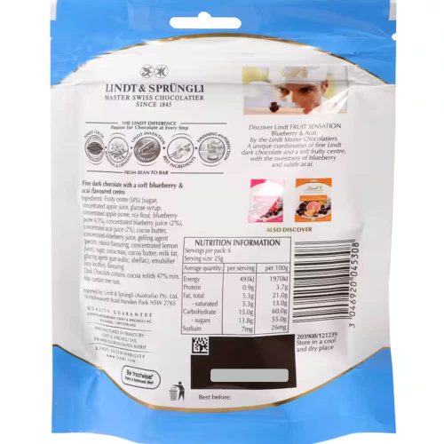 socola nhan trai cay lindt fruit sensation dark chocolate blueberry acai 150g kc