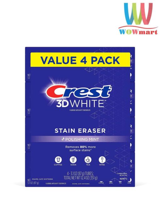 Kem đánh răng Crest 3D White Stain Eraser Polishing Mint Toothpaste 87g (Lốc 4 tuýp)