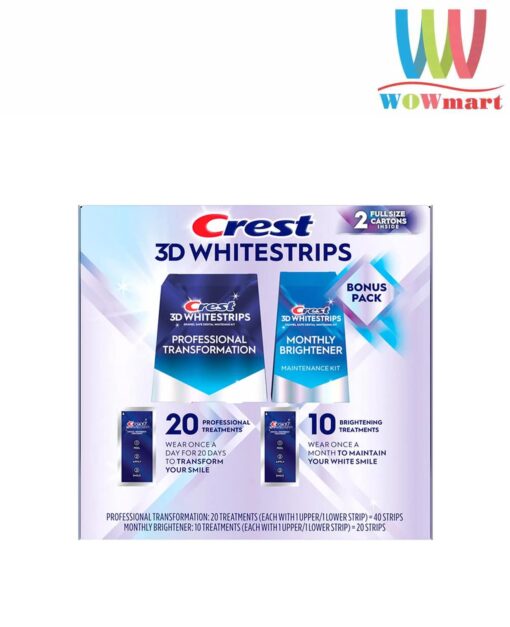 Set miếng dán trắng răng Crest 3D Whitestrips Professional Transformation 40 miếng +Monthly Brightener 20 miếng