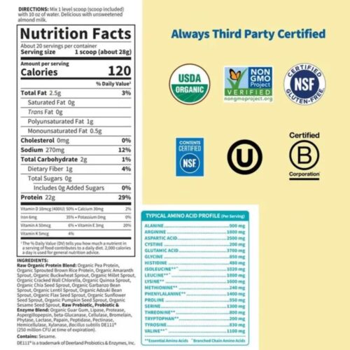 Bột Protein thực vật hữu cơ Garden Of Life Raw Organic Protein Unflavored 560g 12 bot protein thuc vat huu co garden of life raw organic protein unflavored 560g 070625 kf