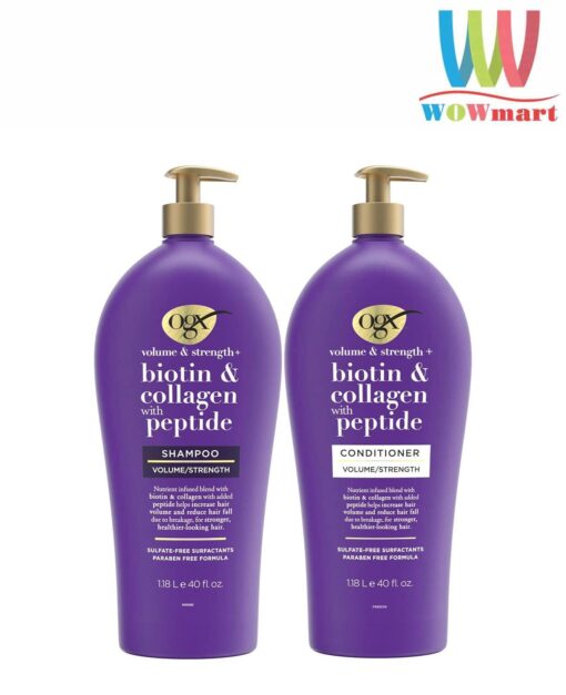 Combo Gội Xả OGX Volume & Strength + Biotin & Collagen with Peptide 1.18L x2 (Chai có vòi)