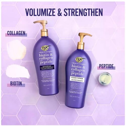 Combo Gội Xả OGX Volume & Strength + Biotin & Collagen with Peptide 1.18L x2 (Chai có vòi) 8 combo goi xa ogx volume strength biotin collagen with peptide 118l x2 chai co voi 120525 kc