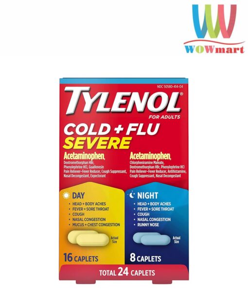 Viên uống Tylenol Cold + Flu Severe Day 16 Caplets & Night 8 Caplets (24 Caplets)