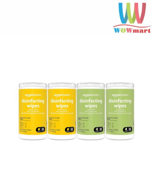 Khăn giấy ướt diệt khuẩn Amazon Basics Disinfecting Wipes Fresh + Lemon Scent 85 tờ x4 hộp