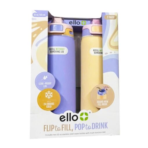 Set 2 bình giữ nhiệt Ello Flip To Fill, Pop To Drink 20oz 651ml (Purple+ Yellow)