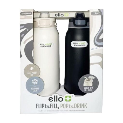 Set 2 bình giữ nhiệt Ello Flip To Fill, Pop To Drink 20oz 651ml (White+ Black)