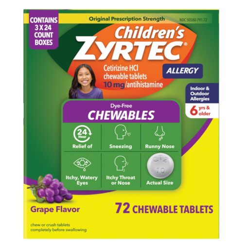 Viên nhai Zyrtec Children's Allergy Cetirizine HCl 10 mg vị nho không màu nhuộm, 72 viên