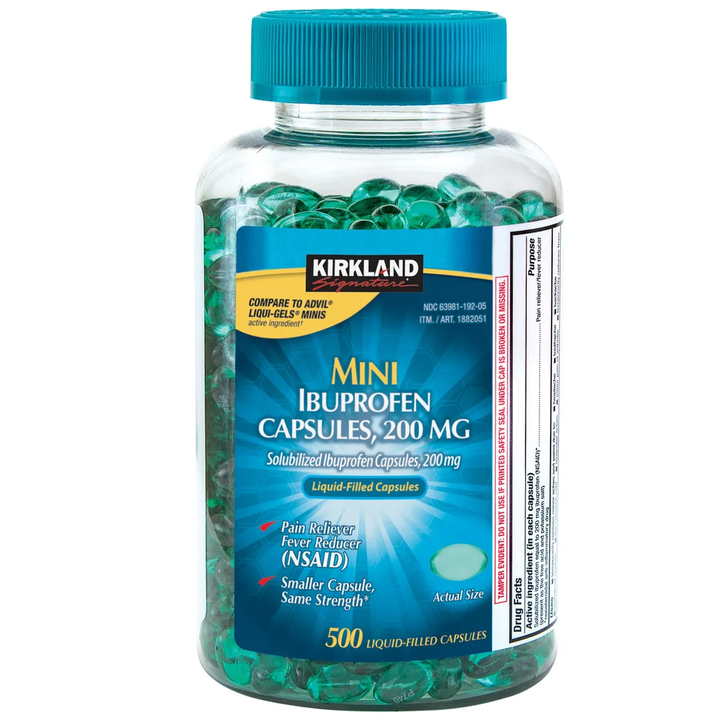 Viên giảm đau hạ sốt Kirkland Signature Mini Ibuprofen 200mg 500 Liquid-Filled Capsules 1 Viên nang mềm Kirkland Signature Mini Ibuprofen 200 mg, 500 viên