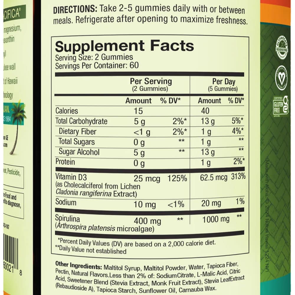 Kẹo dẻo tảo xoắn Nutrex Hawaii Pure Hawaiian Spirulina Plus Vitamin D3 200mg 120 Gummies vị Tropical 2 Kẹo dẻo tảo xoắn Nutrex Hawaii Pure Hawaiian Spirulina Plus Vitamin D3 200mg 120 Gummies vị Tropical - Ảnh 2