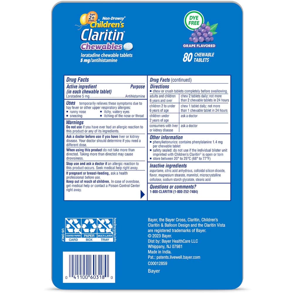 Viên nhai chống dị ứng cho trẻ Claritin Children’s Dye-Free Chewables 80 viên (Grape) 3 Viên nhai chống dị ứng cho trẻ Claritin Children’s Dye-Free Chewables 80 viên (Grape) - Ảnh 3