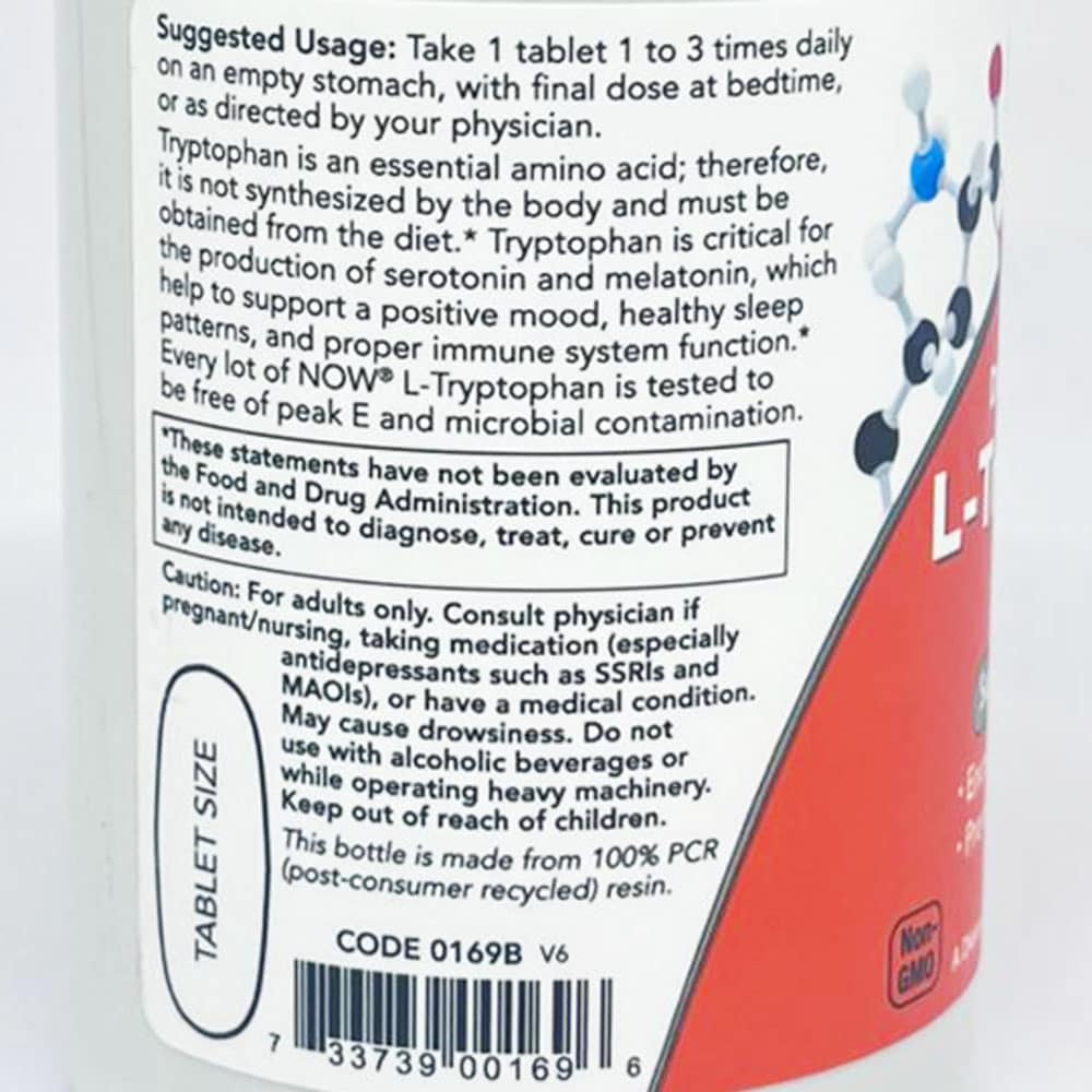 Viên uống bổ sung L-Tryptophan Now L-Tryptophan 1000mg Double Strength 60 Tablets - Ảnh 5