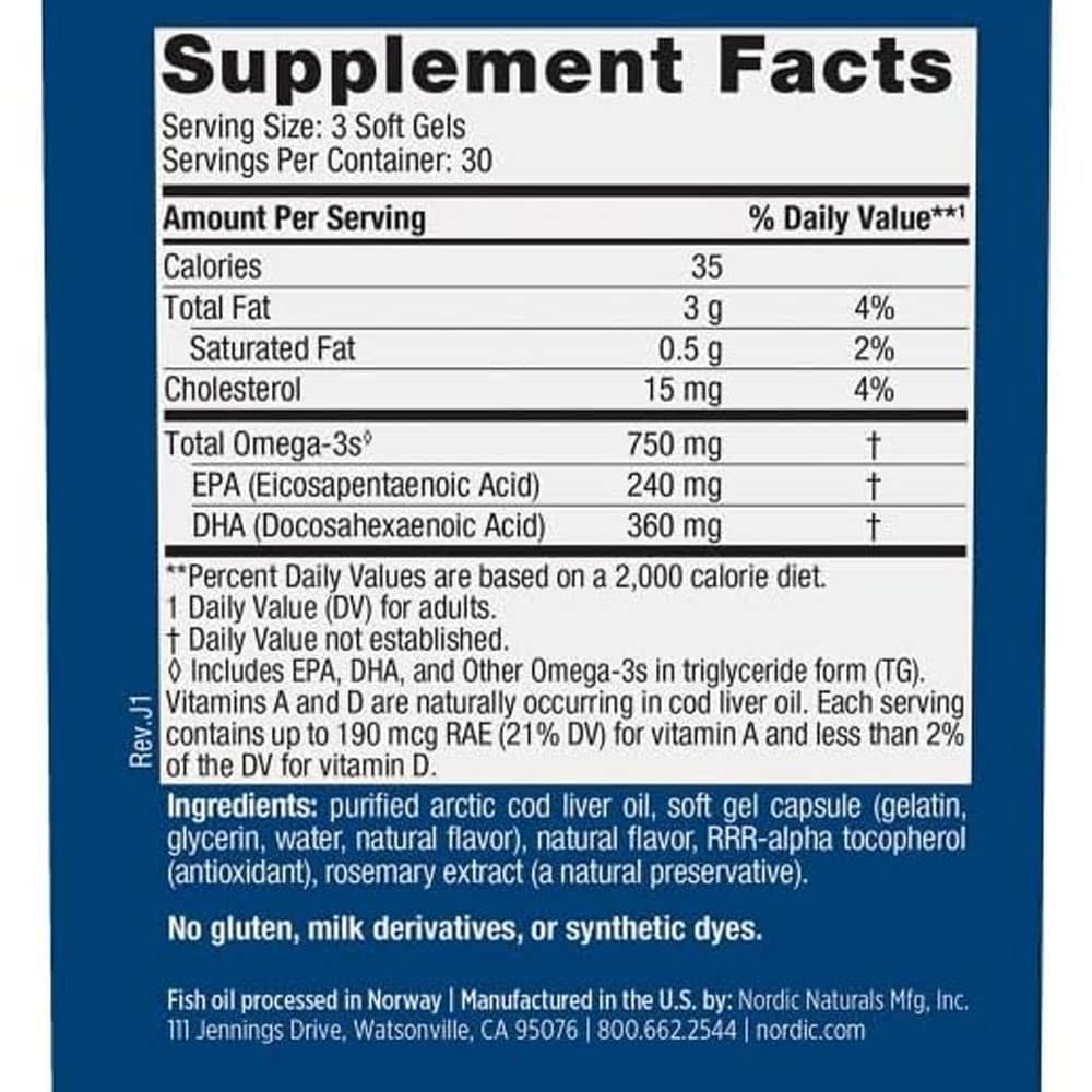 Dầu gan cá tuyết Omega-3 Nordic Naturals Arctic Cod Liver Oil 750mg Vị Lemon 90 Softgels - Ảnh 3