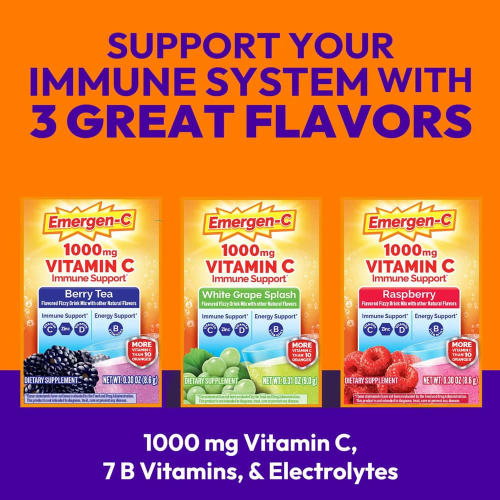 Bột sủi C tăng đề kháng Emergen-C Vitamin C 1000mg 90 gói (3 vị: Raspberry, White Grape, Berry Tea) - Ảnh 2