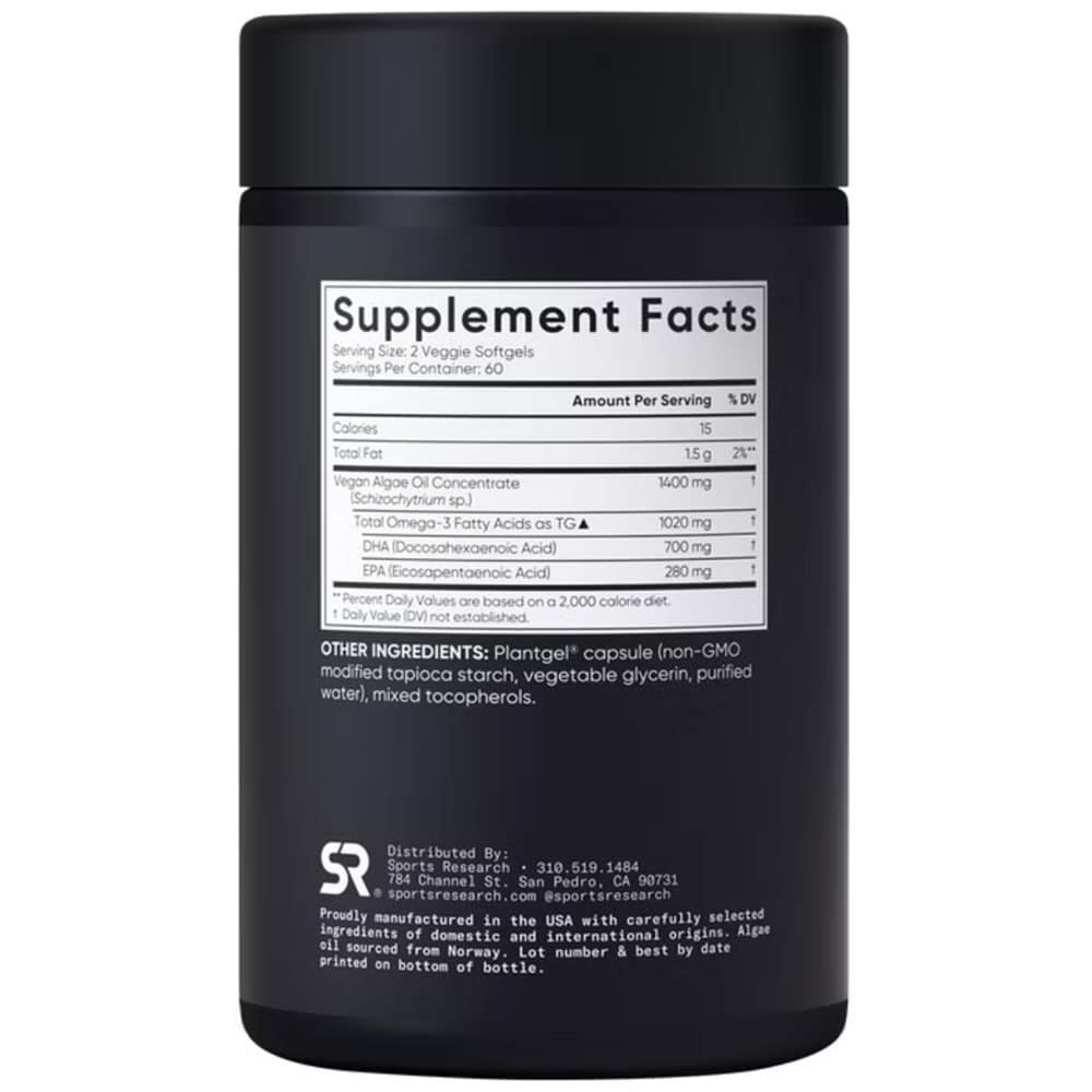 Viên uống dầu tảo Sports Research Vegan Omega-3 1400mg 120 Veggie Softgels - Ảnh 2