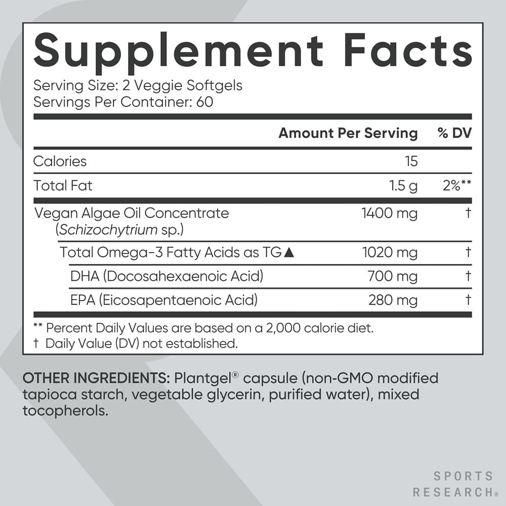 Viên uống dầu tảo Sports Research Vegan Omega-3 1400mg 120 Veggie Softgels - Ảnh 4