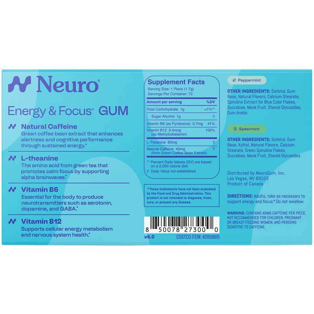 Kẹo gum NeuroGum Energy & Focus Peppermint & Spearmint 6 viên x12 gói - Ảnh 4