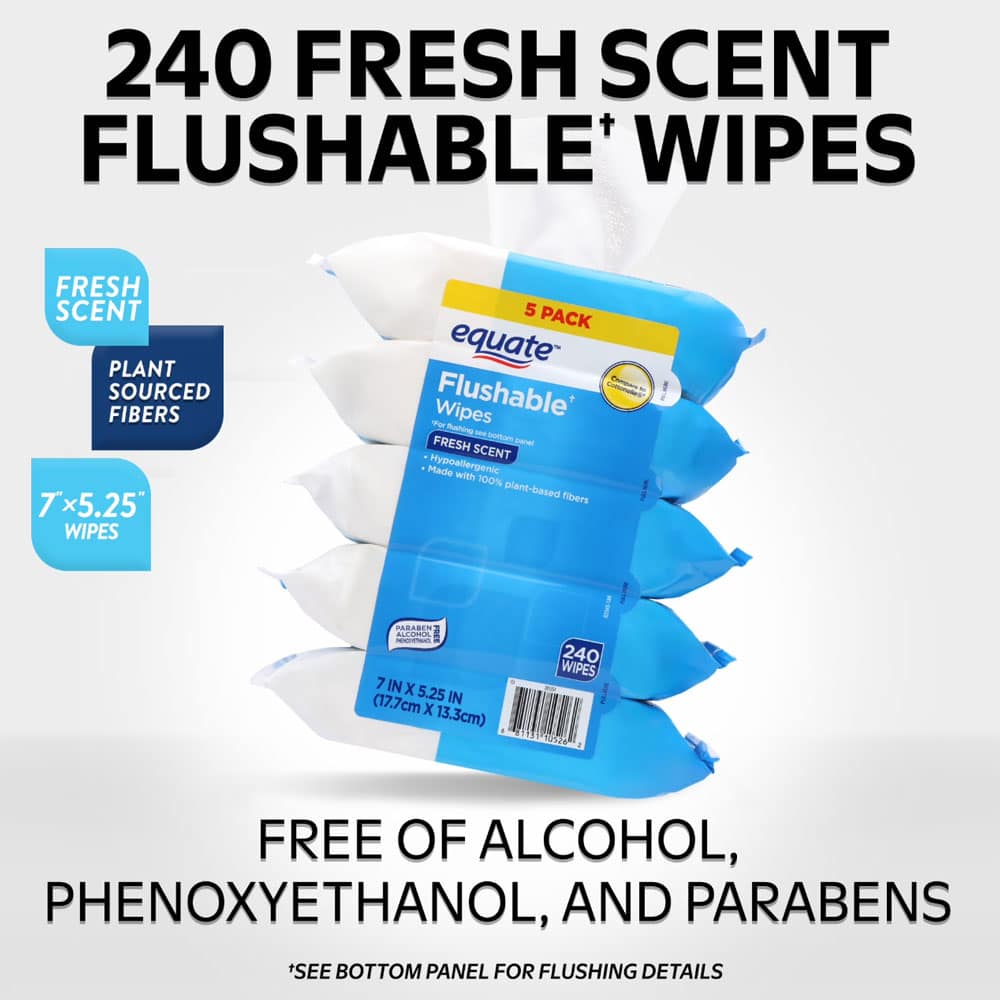 Khăn giấy ướt vệ sinh Equate Flushable Cleansing Cloths Fresh Scent 240 tờ (5 gói x48) - Ảnh 2