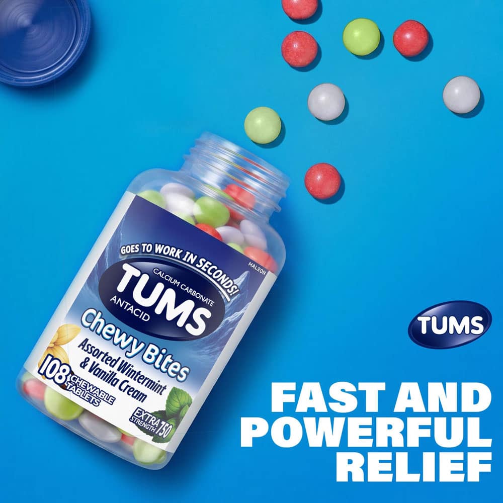 Viên nhai giảm đầy hơi khó tiêu Tums Antacid Chewy Bites Assorted Wintermint & Vanilla Cream 108 Chewable Tablets - Ảnh 4