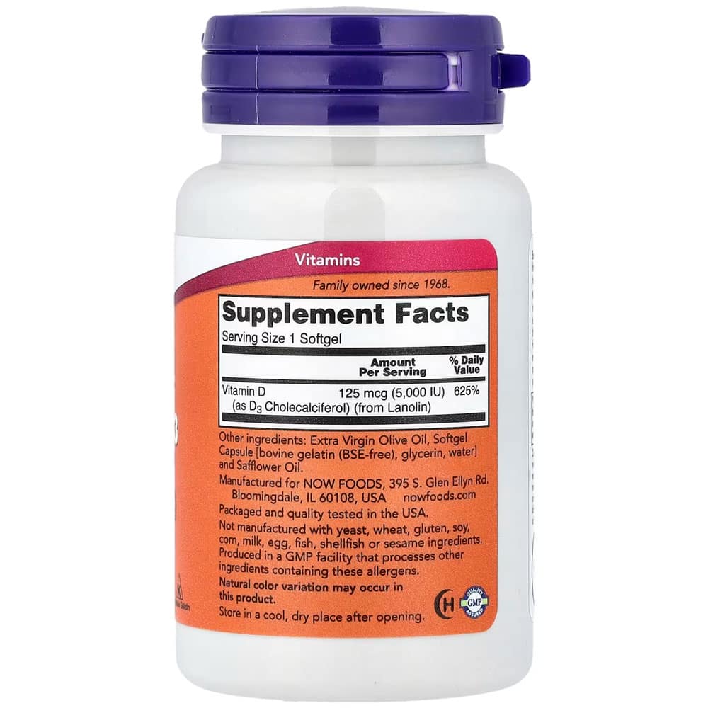 Viên uống bổ sung Vitamin D3 Now Vitamin D3 5000 IU 120 Softgels - Ảnh 2