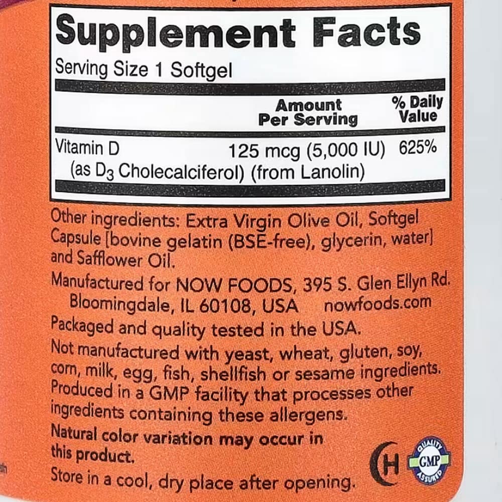 Viên uống bổ sung Vitamin D3 Now Vitamin D3 5000 IU 120 Softgels - Ảnh 4