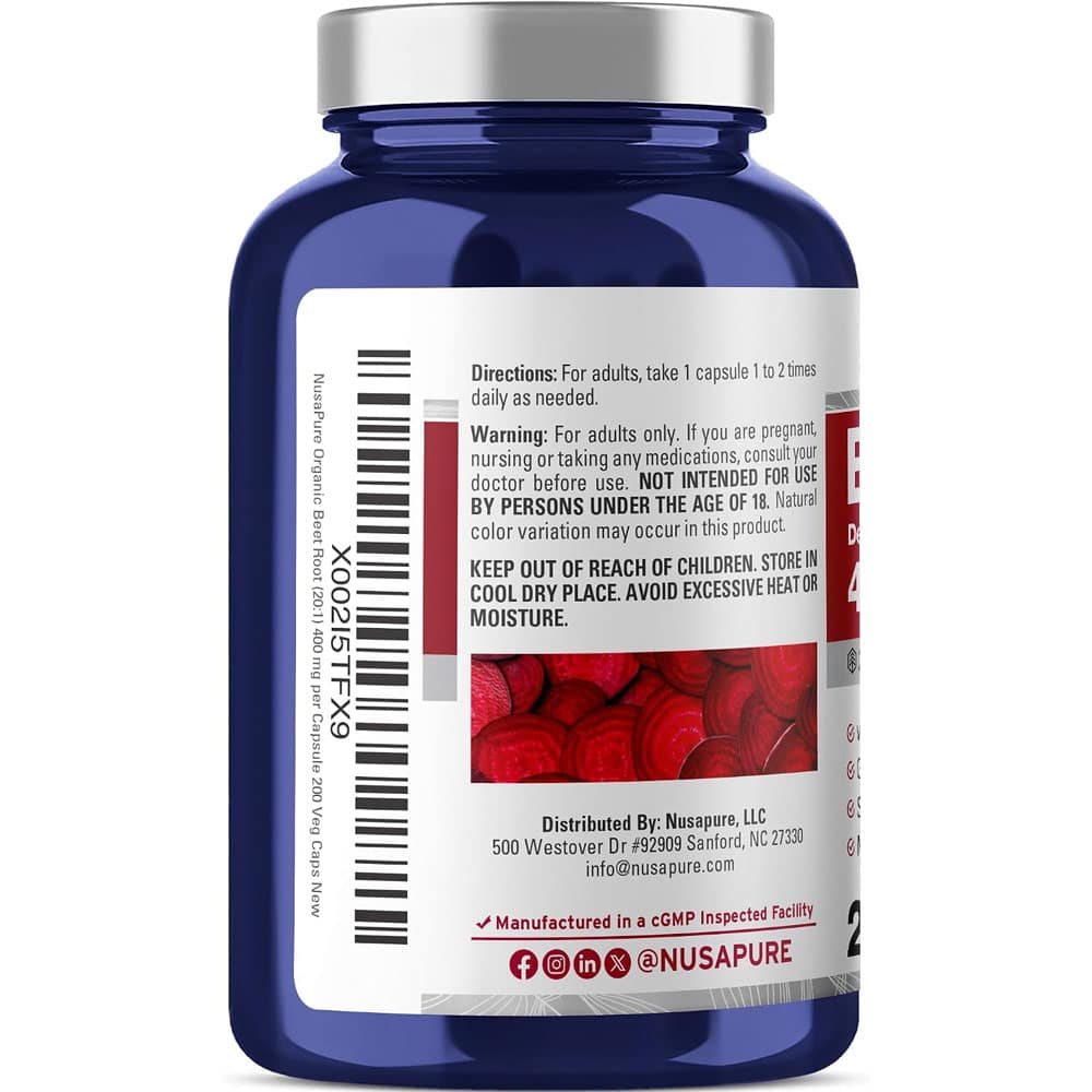Viên uống chiết xuất củ dền hữu cơ NusaPure Organic Beet Root 400mg 200 Capsules - Ảnh 3