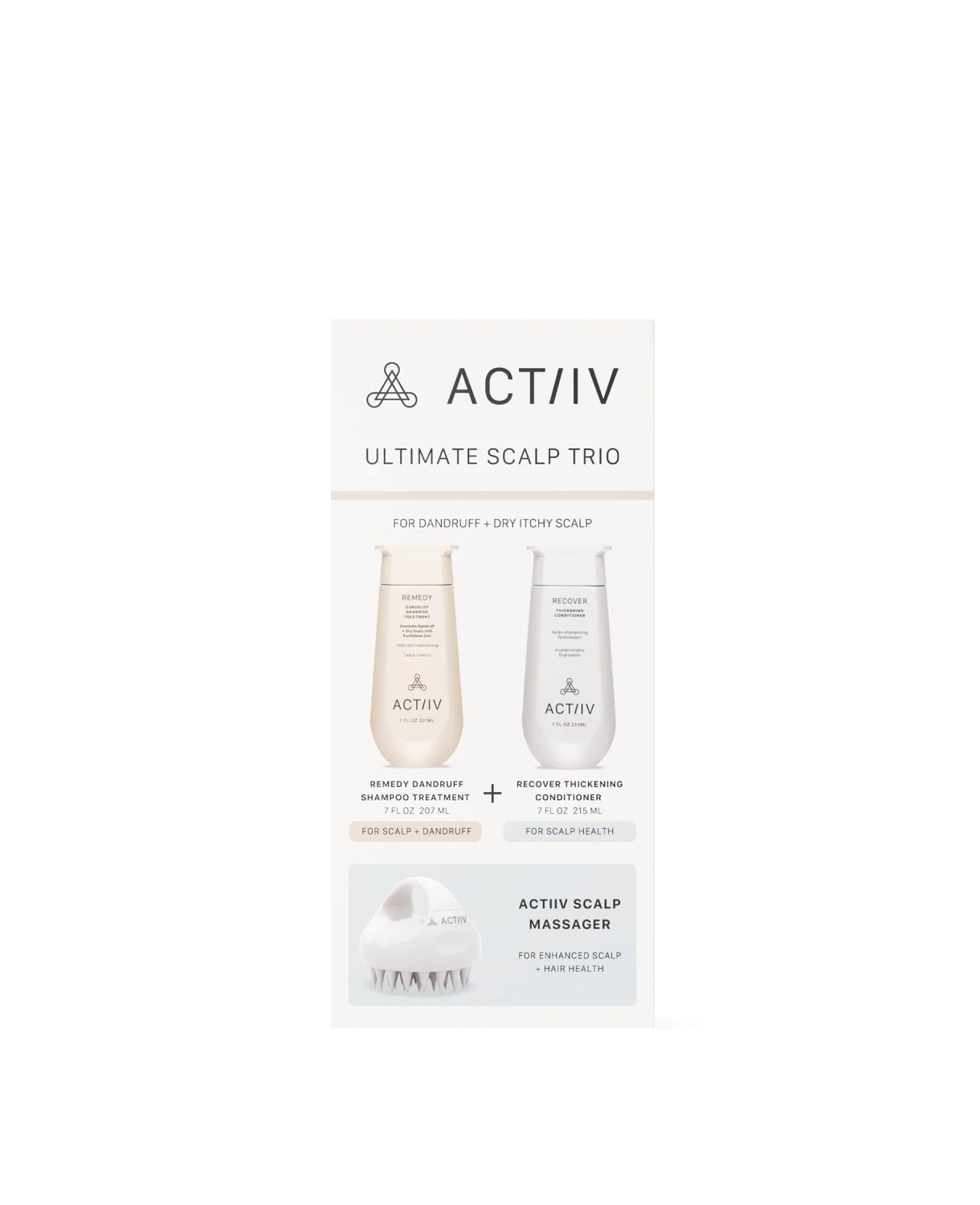 Bộ 3 chăm sóc da đầu ACTIIV Ultimate Scalp Trio (dầu gội trị gàu Remedy 207ml, dầu xả Recover 215ml, lược massage da đầu)